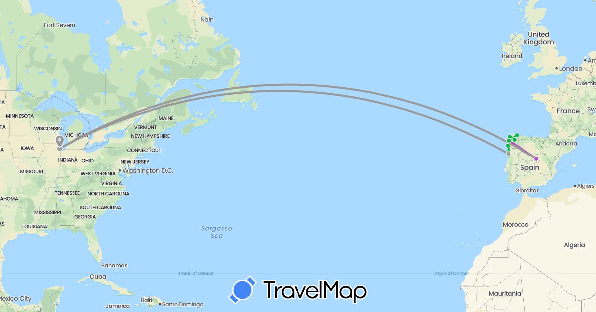 TravelMap itinerary: driving, bus, plane, train in Spain, Portugal, United States (Europe, North America)